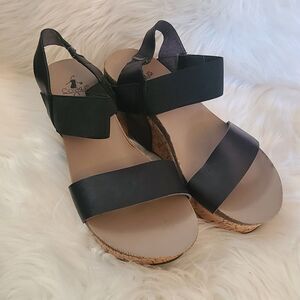 Corkys Wedge Sandals Womens Size 7 Black Cork Leather Open Toe Strappy Shoes